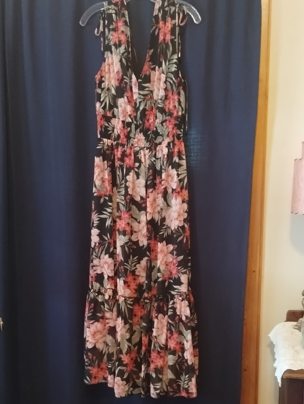 Floral V-Neck Maxi Dress in Black with Pink Flowers